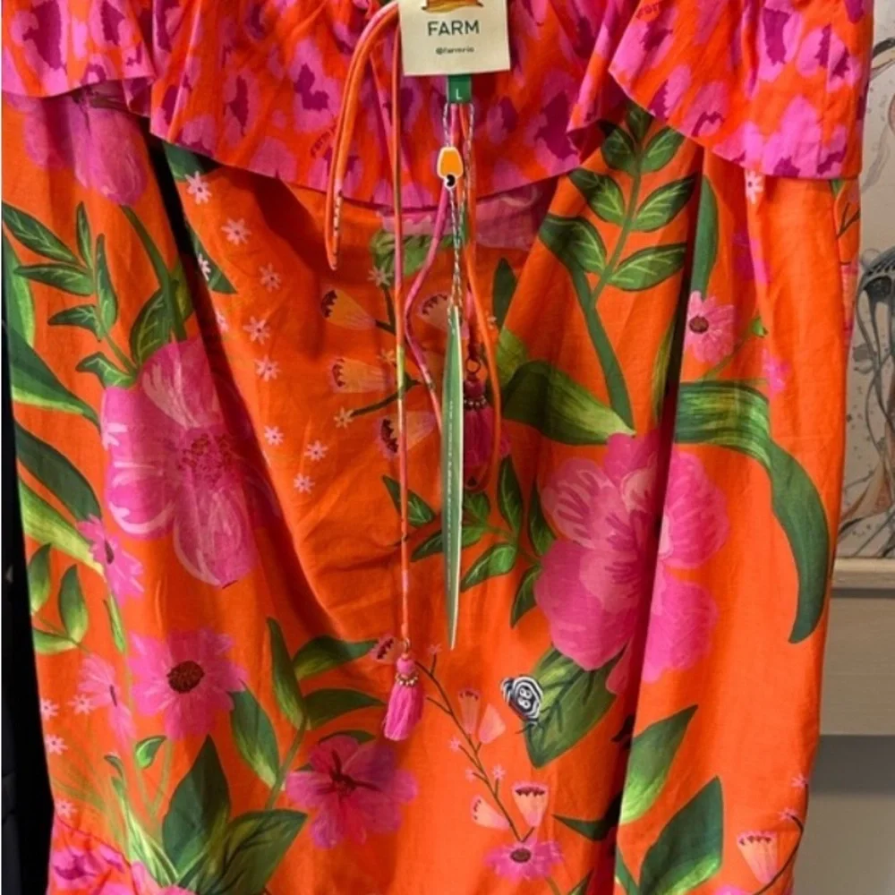 FARM Rio Vibrant Orange Dress with Pink and Green Floral Design - Picture 3 of 3